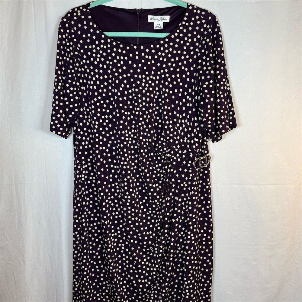 Laura Jeffries Dress Womens 14W Navy White Polka Dot Midi Shift Sheath